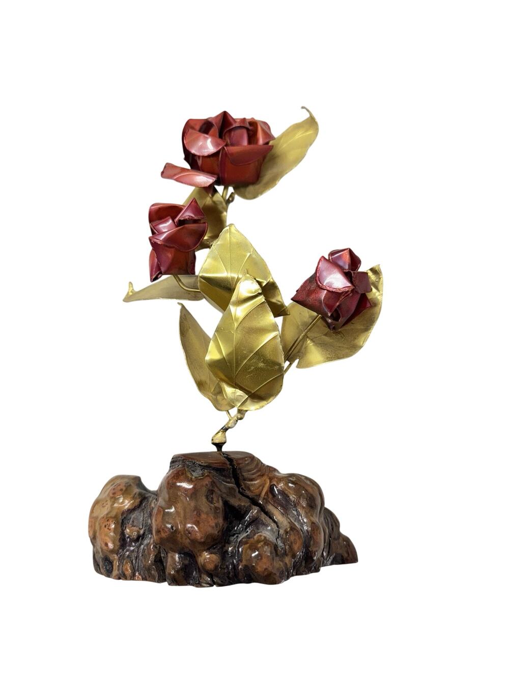 Original Metal Sculpture From The Metal Wall Gallery Rose's And Leaves Wood Base